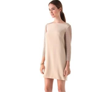 Tibi Labyrinth Silk Cream Sheath Dress with Lace Crochet Sleeves, Size 6